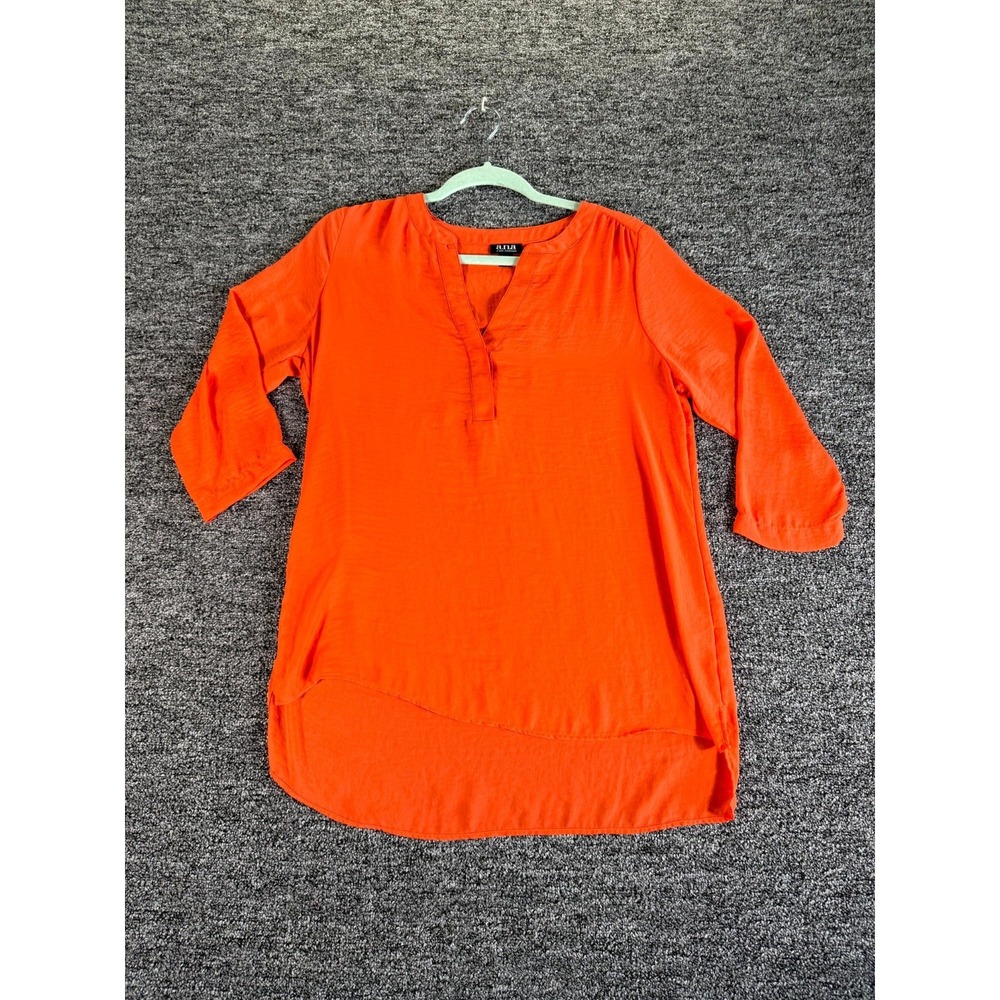 a.n.a A New Approach Tunic Top Womens Small Orange Pleated V-Neck High Low Hem